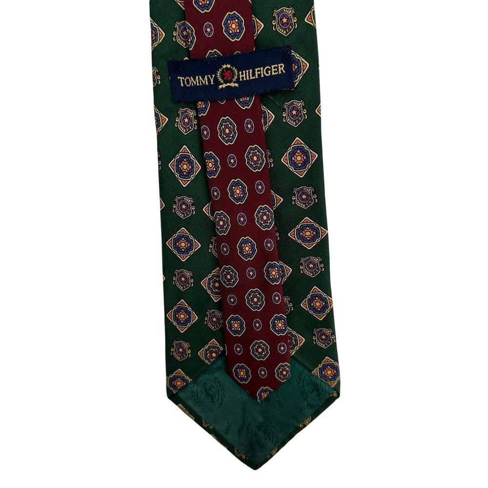 Tommy Hilfiger Mens Silk Tie Green Geometric Medallion Made in USA Italy Fabric